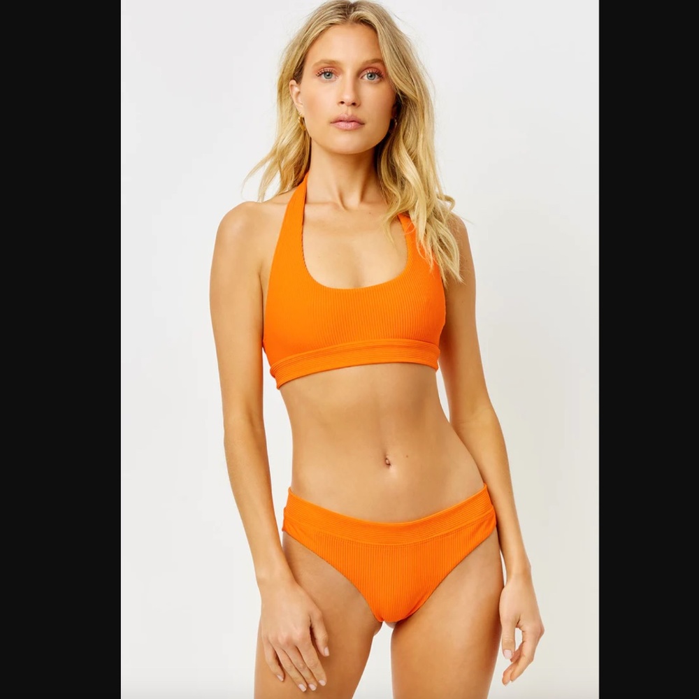 Frankies Bikinis Stevie Halter Scoop Ribbed Bikini Top - Orange -Small- NWT New
